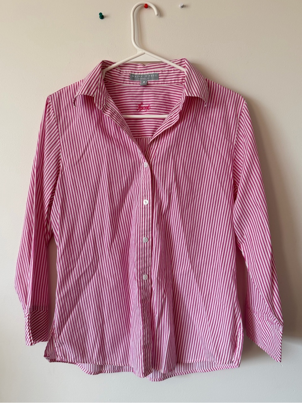 Foxcroft Pink and White Striped Button-Down Shirt